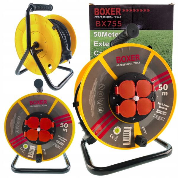 100164df4d92b0afd78fc3d7e10b-1.jpg Przedłużacz bębnowy BOXER TECHNOLOGY 50m 4 szt. GNIAZDA + KLAPKI + TERMIK - obrazek 1